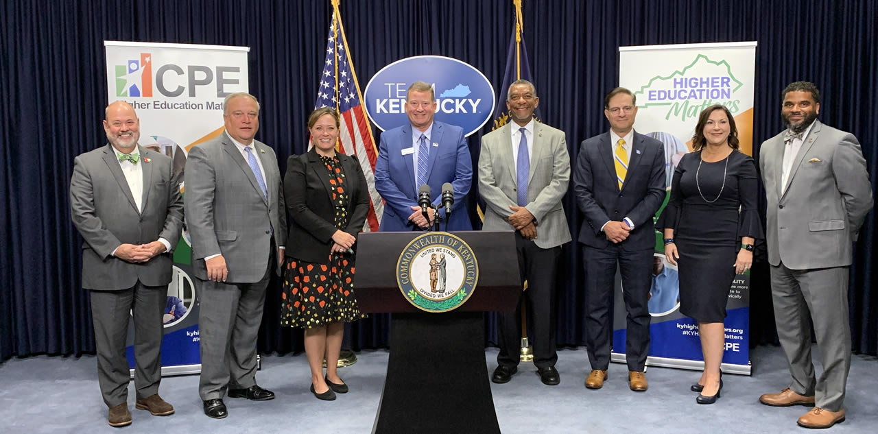 Pictured, left to right: University of Louisville Health Chief Operating Officer Ken Marshall, Senate President Robert Stivers, Lt. Gov. Jacqueline Coleman, Kentucky Community and Technical College System President Paul Czarapata, CPE President Aaron Thompson, University of Kentucky Provost Robert DiPaola, CPE Workforce and Economic Development Senior Fellow Leslie M. Sizemore, CPE Associate Vice President of Workforce and Economic Development Rick W. Smith Sr.